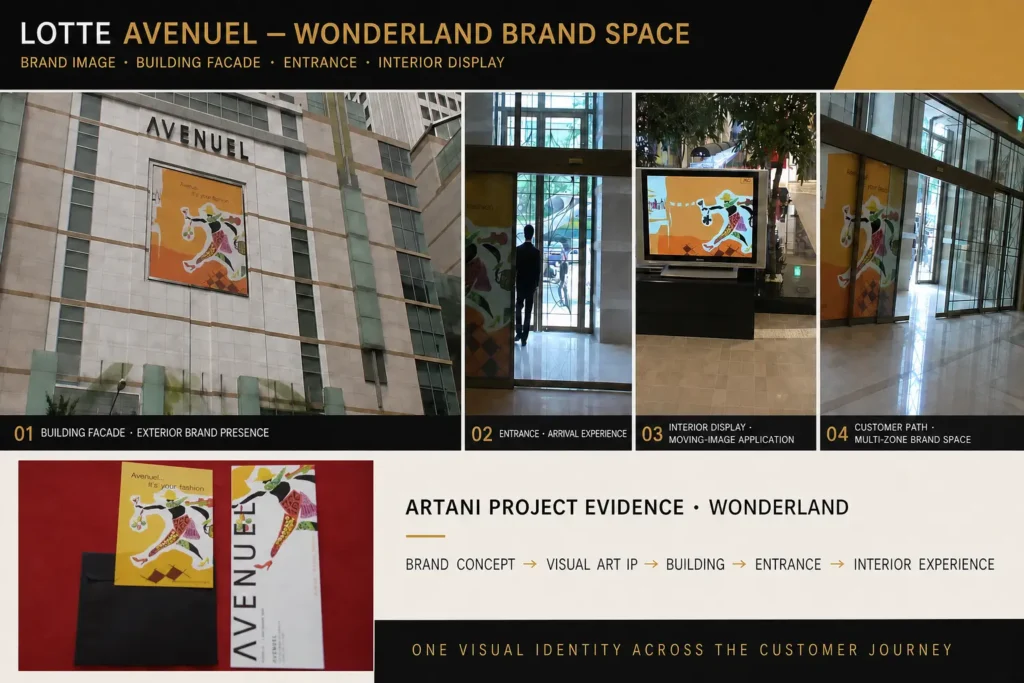 Lotte Avenuel Wonderland brand space by ARTANI, extending a Visual Art IP across the building facade, entrance, interior display and customer journey.