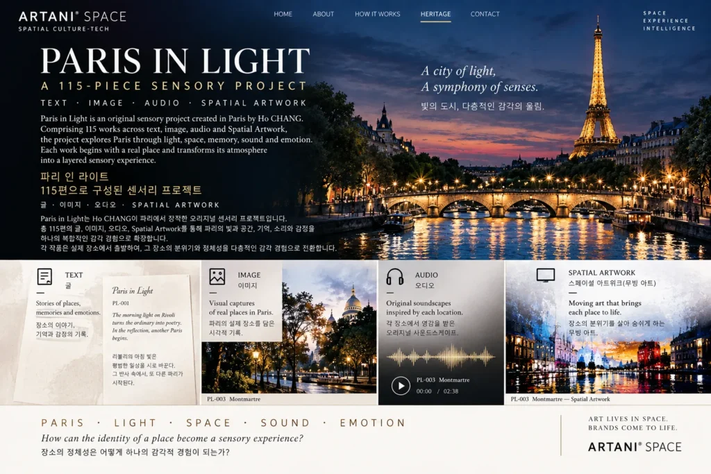 Paris in Light, a 115-piece sensory project by Ho CHANG combining text, image, audio and Spatial Artwork to explore Paris through light, space, memory, sound and emotion.